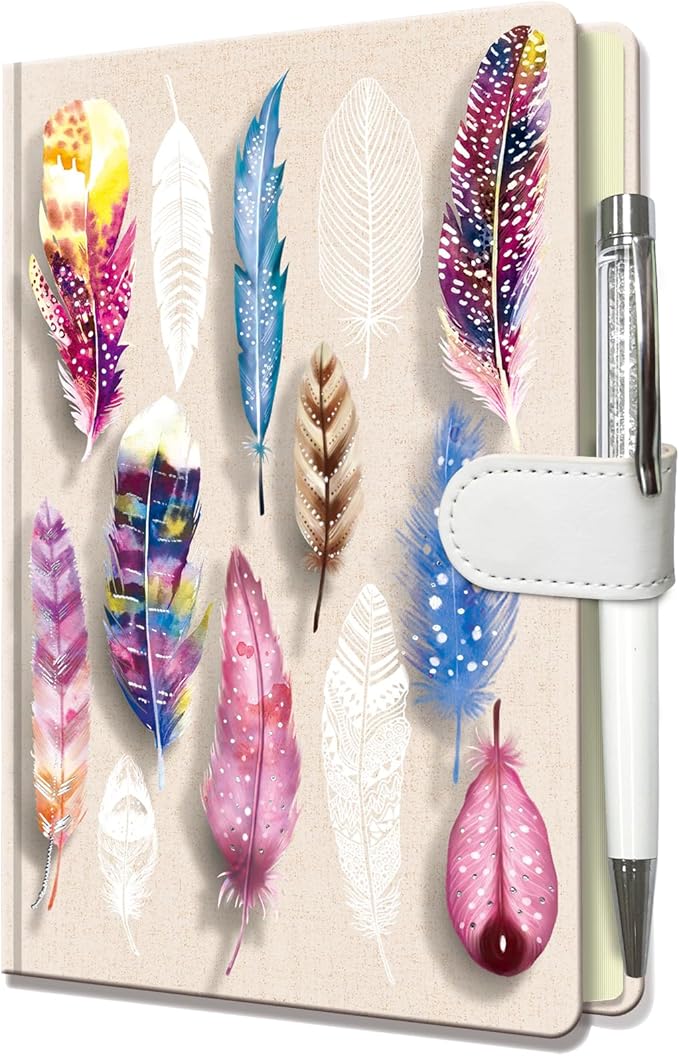 Feather Journal for Girls - Gift for Teens, Kids - Diary with Pen & Magnetic Closure, 192 Pages for Writing, 5.3"x7.5" Hardcover Lined Notebook