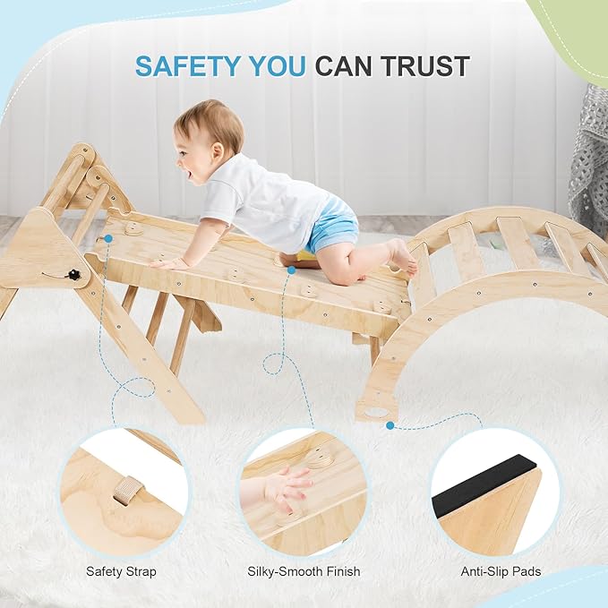 Pikler Triangle Set for Toddlers, 7-in-1 Foldable Montessori Climbing Gym with Safety Strap on Slide, Indoor Wooden Arch, Ramp, Ladder for Active Play - Natural