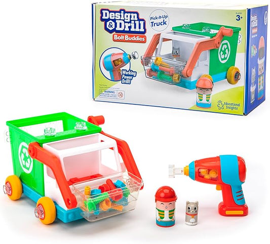 Educational Insights Design & Drill Bolt Buddies Recycling Truck - Construction Toys & Toddler Tools, Kids Tool Set with Real Electric Drill Toy, Take Apart STEM Set, Building Kit & Gift for Ages 3+