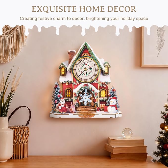 KAAYEE 3D Puzzle for Adult, Wooden Christmas Snow Cabin Pendulum Clock Puzzle Kit, 73 PCS DIY Vintage Wall Clock, Creative Craft Gift for Birthday Xmas Home Decor (Battery Not Included)