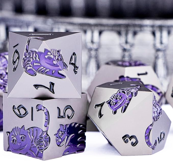 Metal DND Cat Dice 7PCS Polyhedral RPG Dice Set with Gift Case for Dungeons Dragons Role Playing Game, D and D Dice D6 D8 D10 D12 D20 D% (Grey Purple)