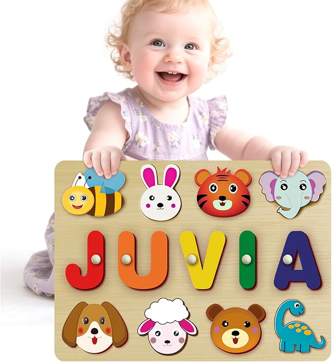 Custom Name Puzzles for Toddlers 1-3 - Name Puzzle for Kids, Personalized Wooden Animal Puzzle, Baby Gifts, Baby Shower, Christmas, Newbaby Gift, Gifts for 1 2 3 Years Old (Animal-Name -01)