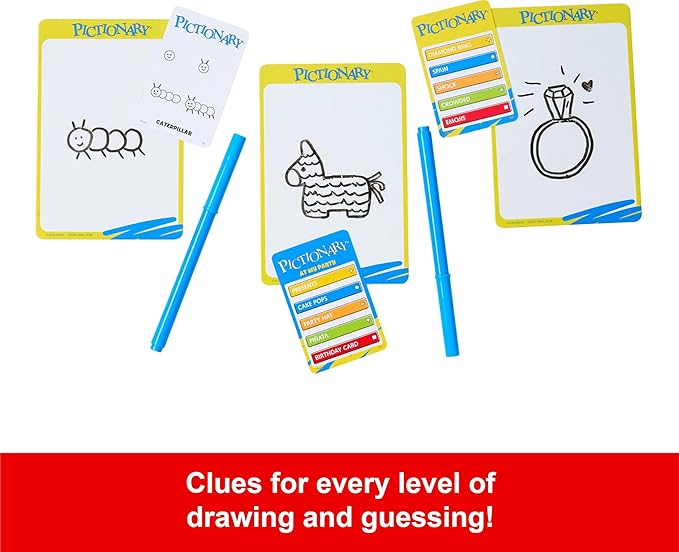 Mattel Games Pictionary Family Board Game for Kids, Adults and Game Night for 2 Teams with Erasable Markers, Boards and Sand Timer