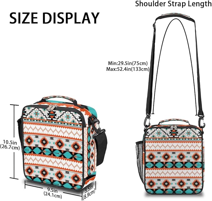 Aztec Lunch Bags for Women Insulated Lunch Boxes Western Rectangular Waterproof Lunch Tote Bag with Adjustable Shoulder Strap Portable Picnic Bag for School Work Outdoor Kid Girls Gifts