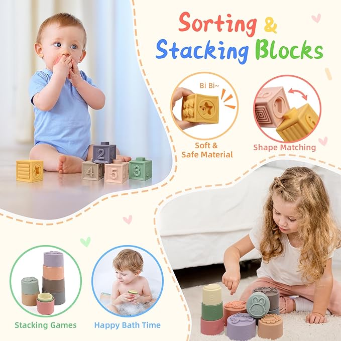 6 in 1 Baby Toys 0-6 Months, Montessori Toys for 6-12 Months, Infant Sensory Pull String Toy, Fidget Spinners Soft Buliding Blocks & Stacking Cups for Toddlers 1-3, Baby Gifts for Boys Girls
