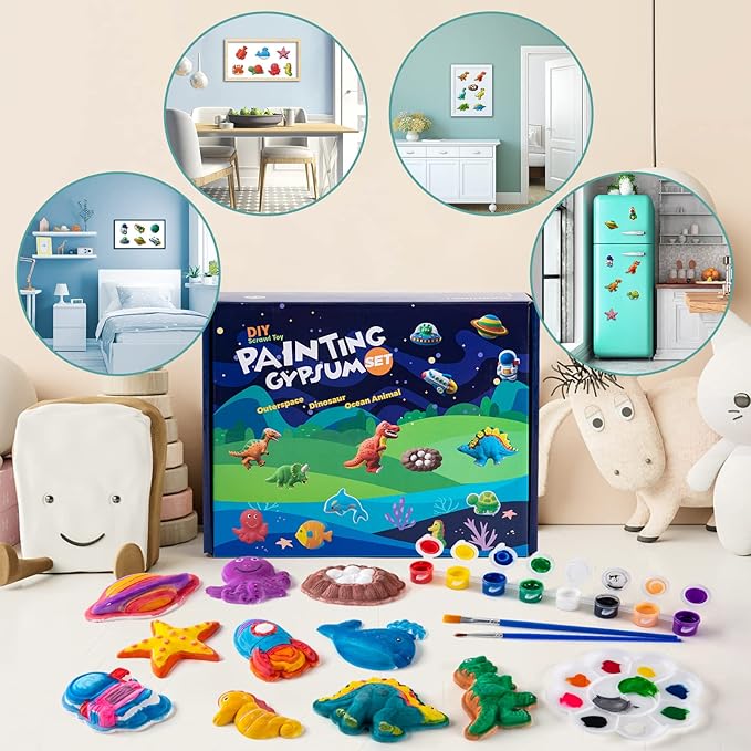 Juboury Kids Arts and Crafts Plaster Painting Craft Kit Art Set - Painting Your Own Space Dinosaurs & Marine Life Figurines - Ceramic Painting Kit for Kids, Girls, Boys, Toddlers