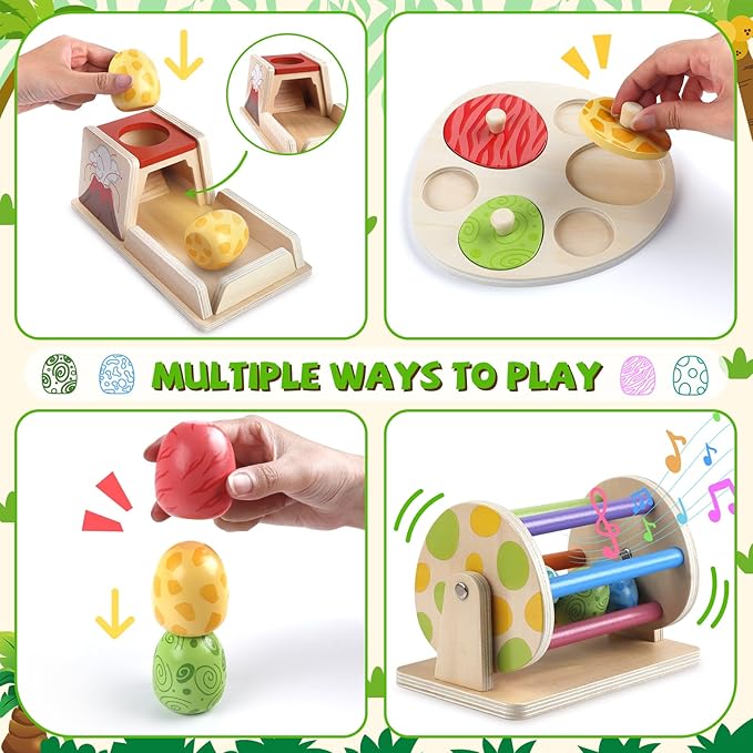 Montessori Wooden Baby Toy Dinosaur Egg Toy Set for 6+ Months, Spinning Drum, Object Permanence Box Ball Drop Toy, Stacking Matching Shape Puzzle Game Early Learning Gift for Toddlers (Neutral Colors)