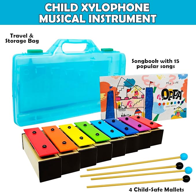 OPPA Kids' 8-Note Resonator Bells with Soft & Hard Mallets, Colorful Song Sheets, Detachable Keys & Blue Case – Inspire Musical Play