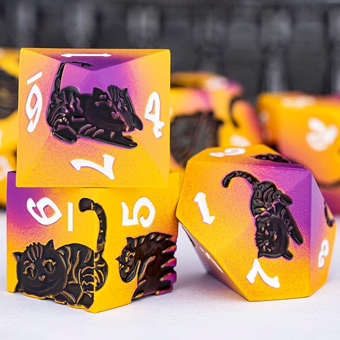 Metal DND Cat Dice 7PCS Polyhedral RPG Dice Set with Gift Case for Dungeons Dragons Role Playing Game, D and D Dice D6 D8 D10 D12 D20 D% (Purple Yellow)