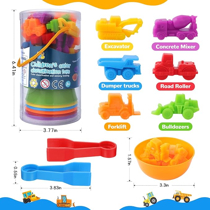 USATDD Counting Construction Vehicles Color Sorting Preschool Learning Matching Games Fine Motor Skills Toys Montessori Classroom Sensory Table Toys for Kids Gift for Toddlers 3 4 5
