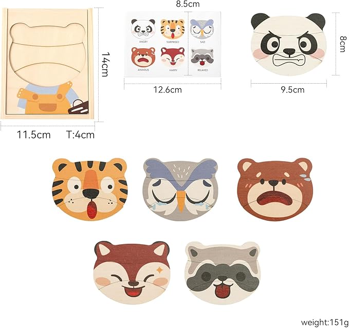 Wooden Animal Jigsaw Puzzles for Toddlers, Emotion Recognition with Expressive Animal Faces - Natural Wooden Pieces for Shape Matching, Early Learning & Fine Motor Skill Development