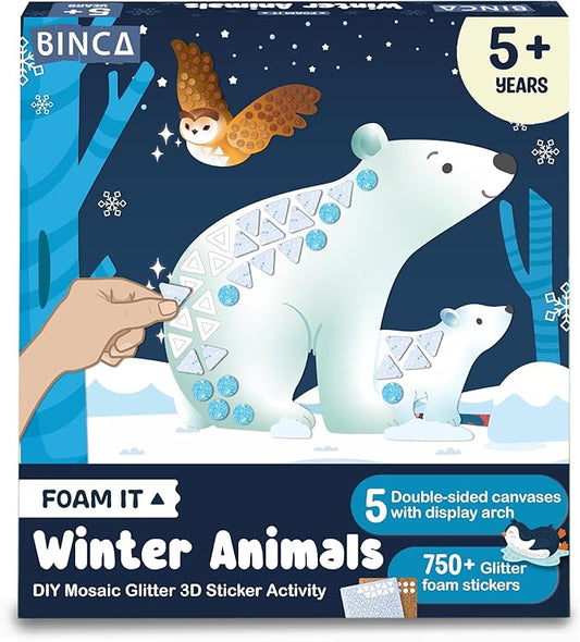 BINCA Foam Sticker Mosaic Art Activity, 750+ 3D Glitter Foam Stickers, 5 Winter Animals with Display Arch, DIY Mess-Free Activities, Felt Craft Kits & Gifts for Boys & Girls Ages 5,6,7,8