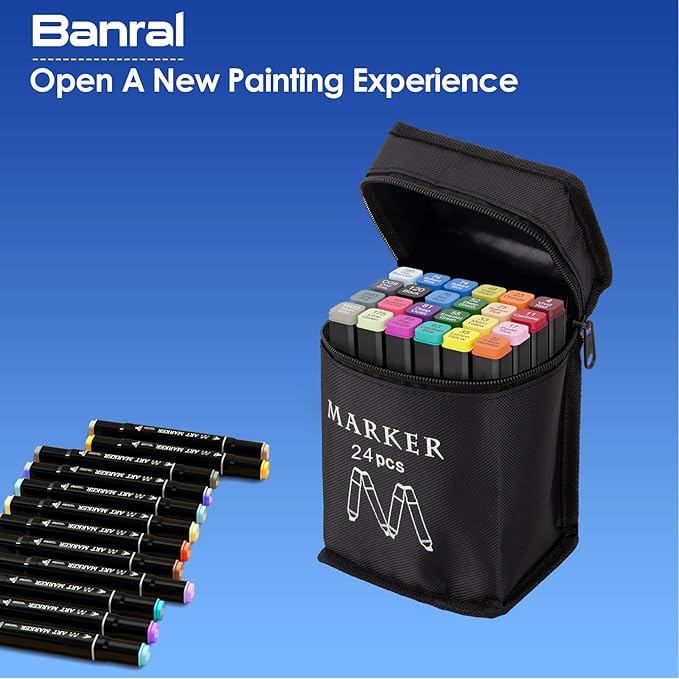 Banral 24 Colors Alcohol Markers Set, Dual Tip Alcohol Based Art Marker for Artists Kids Adult Coloring, Permanent Illustration Sketch Pens for Drawing