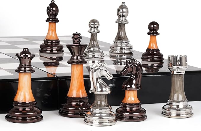 15" Large Chess Set for Adults and Kids With Weighted Acrylic Pieces, 3.5" King & Portable Folding Marbling Wooden Board - Travel Set, Family Board Game Gift, Elegant Classic Game
