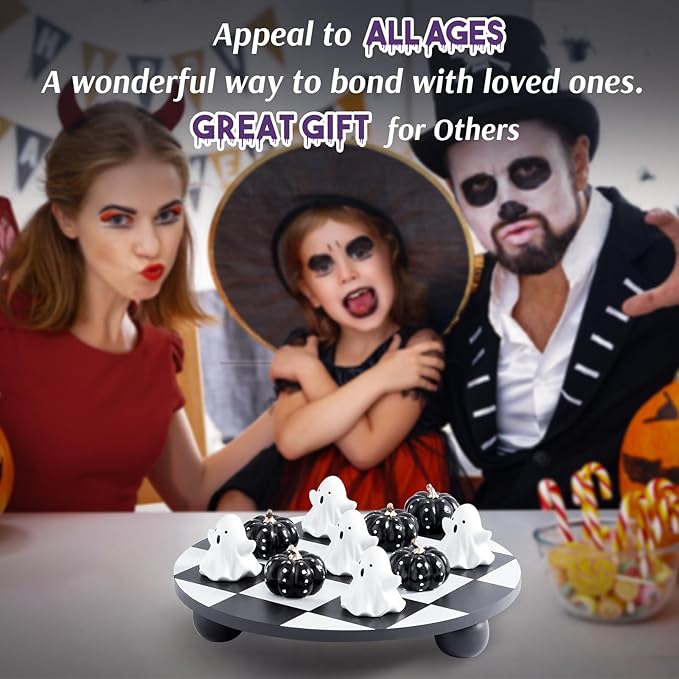 WDS WONDROUS Halloween Decor Tic Tac Toe Game Set with Cute 3D Resin Pumpkin&Ghost Pieces, 9.88" Round Wood Checker Board, Fun Coffee Table Decoration, Indoor Home Decor for Party, Gift,Black&White