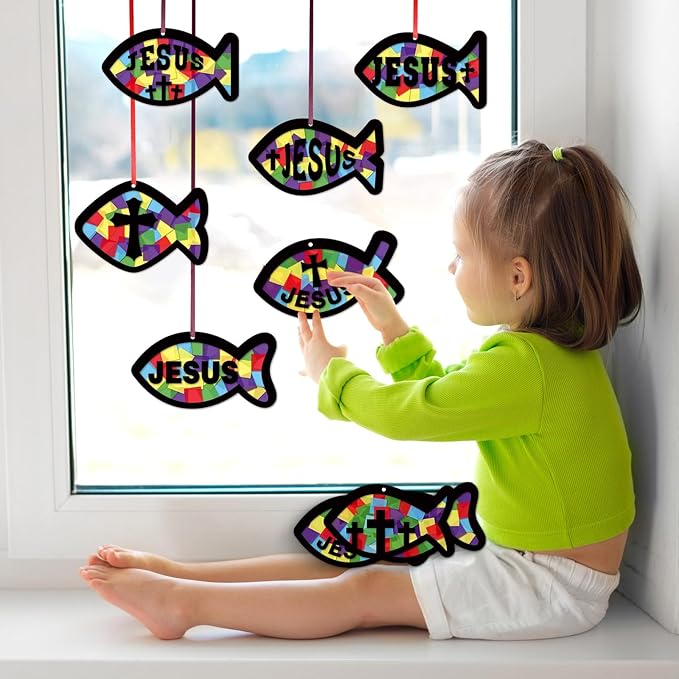 Funrous 32 Set Faith Fish Suncatcher Craft Kit DIY Jesus Fish Craft Religious Cross Hanging Ornament Christian Colorful Tissue Paper for Church Bible Vbs Sunday School Classroom Home Window Deocr