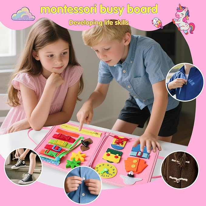 Busy Board-Montessori Toys for Toddlers,Sensory Toys for Girls,Learning Education Travel Toys for Toddlers,Activity Board Busy Book for Kids Birthday Gift (Pink)