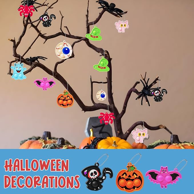 72Pcs Halloween Party Favors, Fidget Toys Bulk Mini Pop Bubbles with Keychain, School Classroom Prizes Box Fidgets Toys for Kids Toddlers Adult, Goodie Bag Stuffers, Treasure Chest box, Halloween Toys