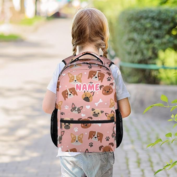 Custom Dog Backpacks for Kids, Large Capacity Backpack for School, Cute Pink Doggy Print Lightweight Bookbag for Boys & Girls