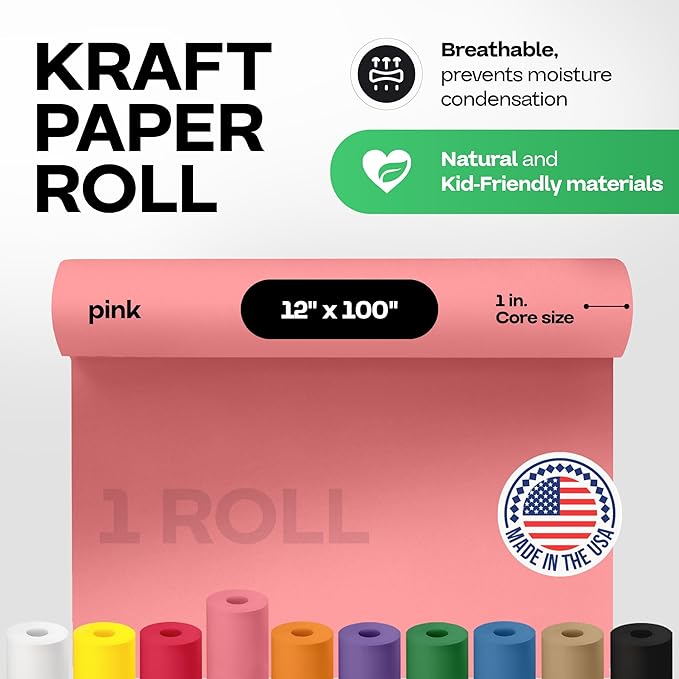 12" x 1200" (100 feet) Pink Kraft Paper Roll - USA-Made Quality Craft Paper for Gift Wrapping, Kids' Arts & Crafts, School Projects - 100% Recycled Natural Material 50lb Thickness by IDL Packaging