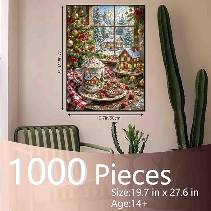 1000 Piece Jigsaw Puzzles for Adults Christmas Hot Chocolate Painting Jigsaw Puzzle 1000 Xmas Trees and Village Puzzles 20''x27”inch Winter Wonderland DIY Puzzle Art Wall Decor Family Challenging