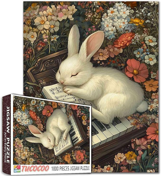 Wildlife Rabbit Lying On Piano Sheet Music 1000 Pieces Adult Jigsaw Puzzle,Musical Instrument Antique Piano Bunny Puzzle Lovers Vibrant Illustrations and Challenging Relaxing Great Gift Idea