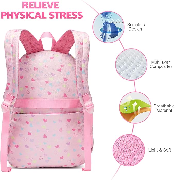 SUN EIGHT Lightweight Backpack for Girls Kids Elementary Bookbag Waterproof Large Space School Backpacks for Teens for Travel and School Ages 6+ Years old Casual Backpack(Pink Peach Heart)