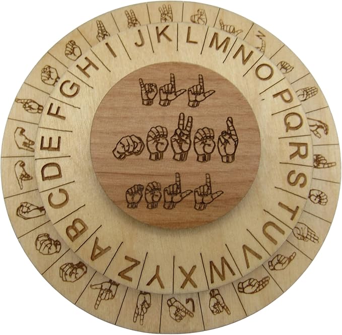 Wooden ASL Cipher Wheel & Decoder | Educational STEM Tool for Learning American Sign Language & Cryptography | Unique Gift for Teachers & Students, Durable Escape Room Puzzle Prop