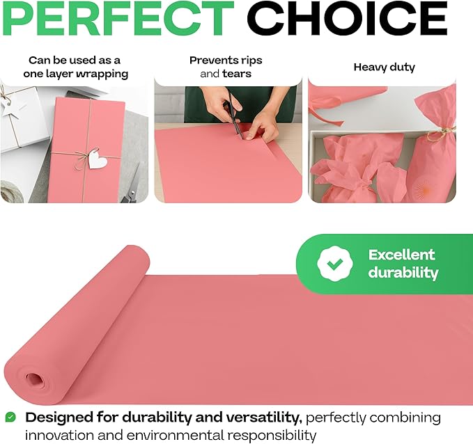 12" x 1200" (100 feet) Pink Kraft Paper Roll - USA-Made Quality Craft Paper for Gift Wrapping, Kids' Arts & Crafts, School Projects - 100% Recycled Natural Material 50lb Thickness by IDL Packaging