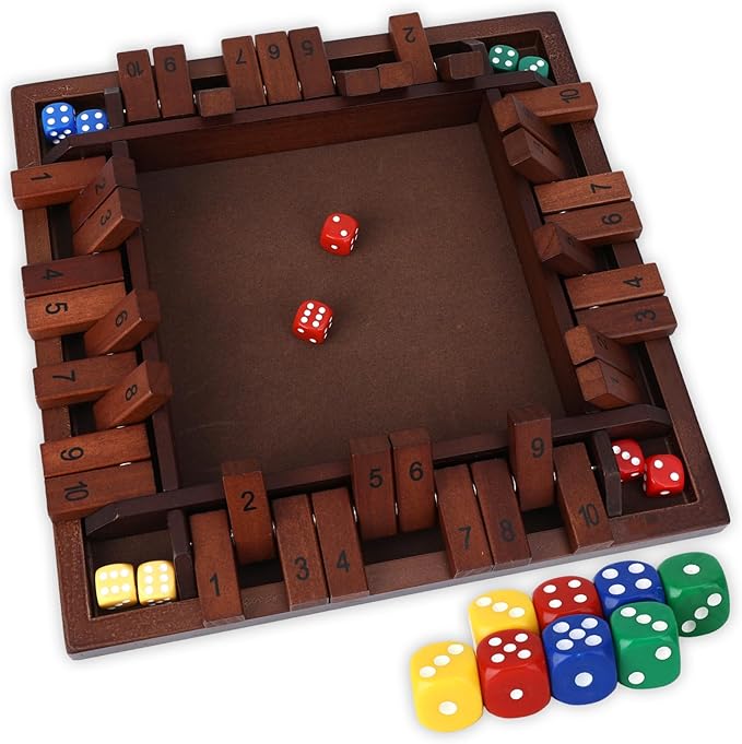 Shut The Box Game Wooden, 12 inch Close Shut The Box Game for 2-4 Player Adults, Math Sequence Dice Plunder Board Games with 8 Dice, 4-Sided 10 Number Table Games for Family Classroom Home Party Pub
