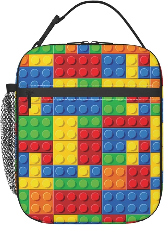 Colorful Bricks Reusable Lunch Box Food Bag Insulated Lunch Bag for Teenage Boys Girls School Beach