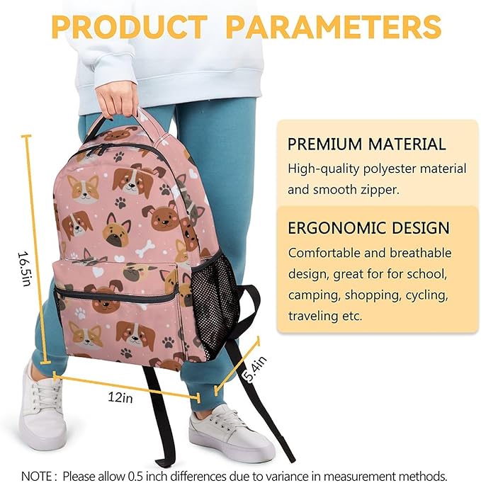 Dog Backpacks for Kids, Large Capacity Backpack for School, Cute Pink Doggy Print Lightweight Bookbag for Boys & Girls