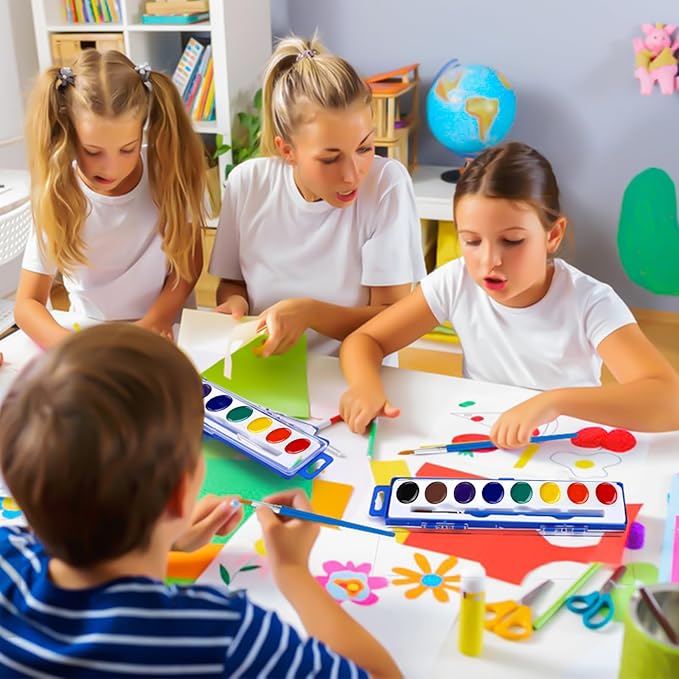 FUMILE Watercolors Paint Set Bulk,30 Pack 8 Washable Bright Colors with Paintbrush.Watercolors Paint Set Kids for Parties,Art Lessons,Birthday Party Favor,valentines for kids classroom,All Ages.