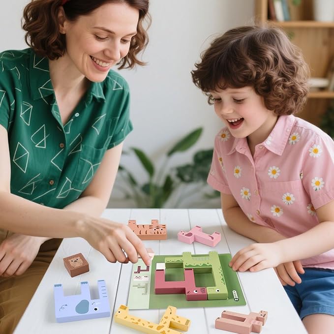 Vileafy Wooden Puzzles for Toddlers 3-5 – Montessori Animal Wooden Stacking Puzzle Toy, Preschool Learning Toy & Shape Matching Blocks for Kids