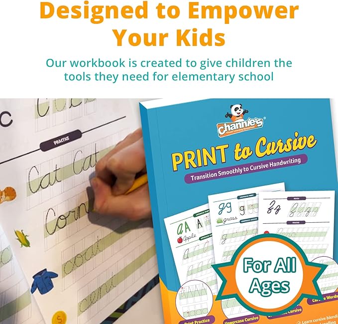 Channie's Print and Cursive Handwriting Workbook, Step-By-Step Uppercase & Lowercase Cursive Tracing Practice for Kids All Ages, Color-Coded, Easy to Follow Worksheets