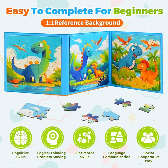 Dinosaur Puzzles Toys for Kids Ages 3-5, Magnetic Jigsaw Puzzles 3 Pack 25/30/36 Piece Travel Toys with Storage Bag,Dino Puzzles for Kids Birthday for 3 4 5 Year Old Boys Girls