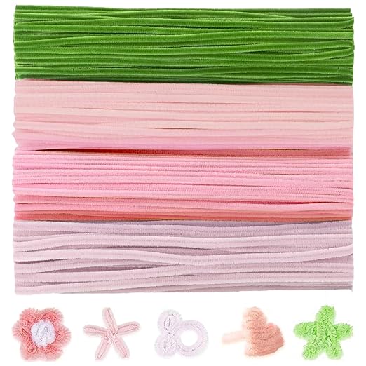 400 Pcs Pipe Cleaners Craft Kit and Craft Supplies Set, 4 Colors Chenille Stems Craft Kits. Includes Floral Tape, Wire, Stems and More, DIY Arts and Crafts Supplies for Flower Making (Pink)