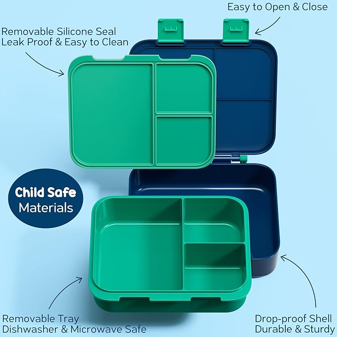 Fimibuke Bento Lunch Box for Kids with Thermos, 3-Compartment 32OZ Snack Lunch Container, Lunch Bag, 12OZ Insulated Food Jar & Ice Pack Set for Age 3-12 School Daycare Toddler Teen Girl Boy, Dinosaur