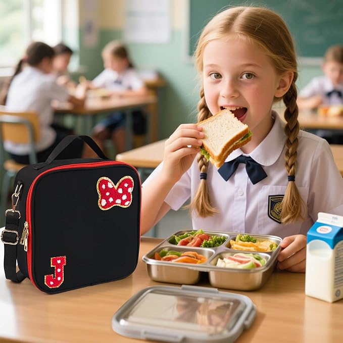 Preppy Initial Bow Mouse Lunch Bag, Kids Insulated Lunch Box Gifts for Teen Girls Daughter, Reusable Soft Lunch Containers Crossbody Cooler Bag Must Haves for Park Travel School Work Picnic Black J