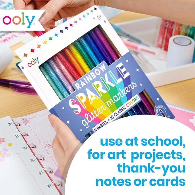 Ooly Rainbow Sparkle Glitter Markers Set of 15, Includes 5 Pastel & 10 Classic Color Markers, Glittery & Sparkling Marker for Kids, 2mm Nib for Medium Sized Lines - GLITTER VARIETY PACK
