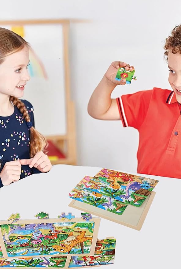 Wooden Puzzles Dinosaur Toys for Kids Ages 3-5, Set of 4 Packs with 60-Piece Wood Jigsaw Puzzles, Preschool Educational Brain Teaser Boards for Boys
