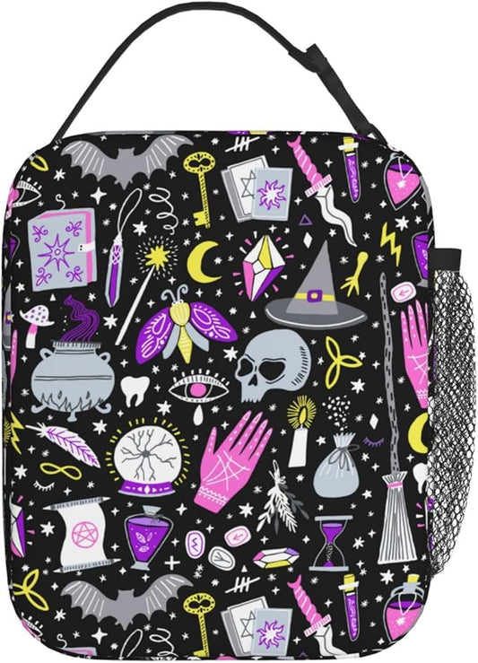 Magic Goth Spooky Gray Purple Reusable Lunch Box Food Bag Insulated Lunch Bag for Teenage Boys Girls School Beach