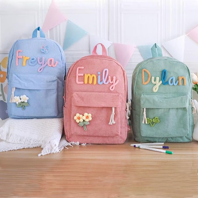 Personalized Backpack for Girls/Boys, Custom Corduroy School Bag with Cotton Rope Embroidery Name, Back to School Bag Gifts for Kids, Children Birthday/Christmas Gift