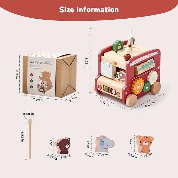 Wooden Activity Cube 8-in-1 Montessori Toys | Multifunctional Early Educational Learning Toys | Wooden Toy for Baby Shape Sorter Xylophone Animal Travel Bus Boy Girl Birthday Gift(Red Bus)