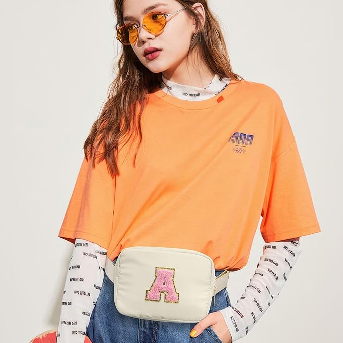 YOOLIFE Initial Sling Bag - Chest Bum Bag for Women, Small Crossbody Fanny Packs, Personalized Birthday & Christmas Gifts, White