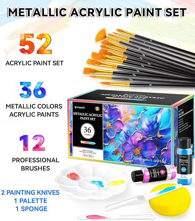 52 PCS Metallic Acrylic Paint Set with 12 Brushes, 2 Knives & Palette, 36 Colors (2oz/60ml) Art Craft Paint for Adults Kids Artists Beginners, Halloween Pumpkin Canvas Ceramic Rock Painting Kit