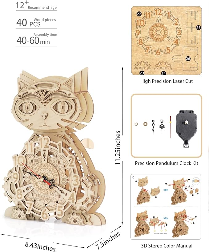 3D Puzzles for Adults Model kit Cat Clock Kids Wooden Desk Clock Decor for Birthday Gift/Christmas Day