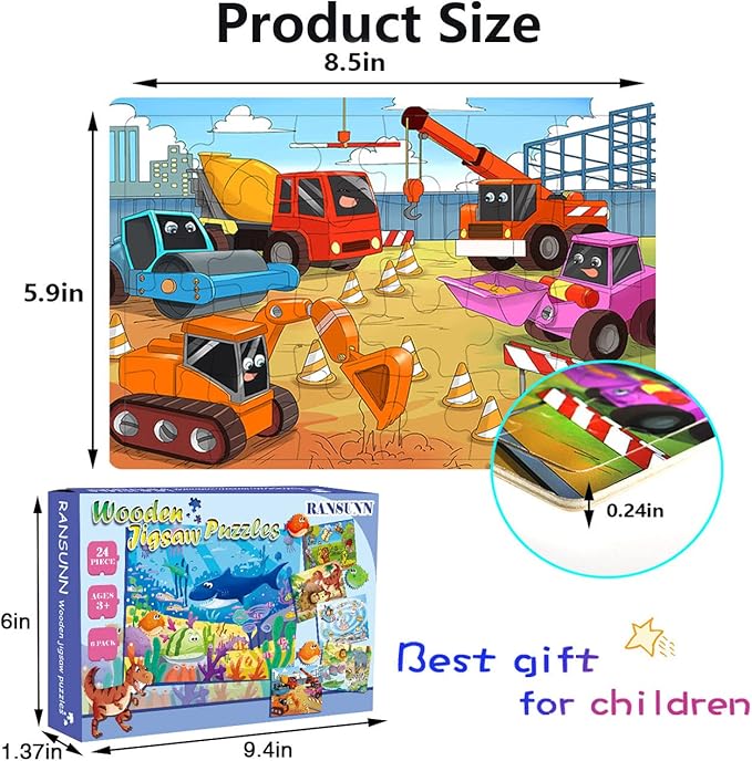 Puzzles for Kids Ages 3-5, 24 Piece Colorful Wooden Puzzles for Toddler Children Learning Educational Puzzles Toys for Boys and Girls (6 Packs)