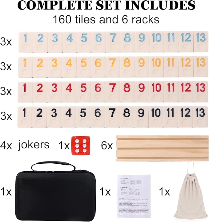 Upgraded 2-6 Players Rummy Cube Board Game Set with 6 Wooden Racks, 160 Tiles, Portable Case, Drawstring Bag and Dice, for Adults Friends Night Gifts Travel Party Sharpens Brain