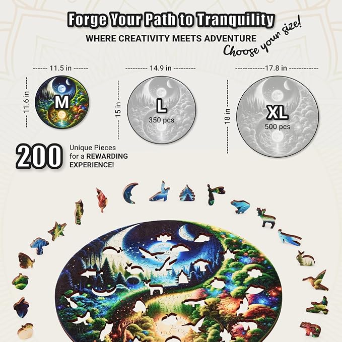 LEOGOR Wooden Jigsaw Puzzles for Adults 200 Pieces (11.6 × 11.5 in), Yin Yang Puzzle, Extra-Thick 5mm Round Wood Puzzle with Unique Shapes, Relaxing, Artistic Gift for Adults and Teens